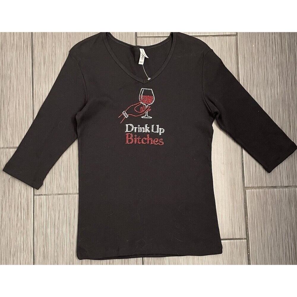 Woman’s Bedazzled “Drink Up Bitches” 3/4 Sleeve Cotton V-Neck Tshirt Black Med